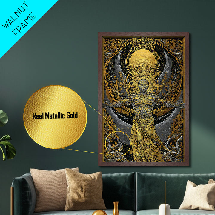 Divine Sun God Artwork, Metallic Gold Metal Print, Mythology Inspired Celestial Wall Art, Real Wood Framed Print