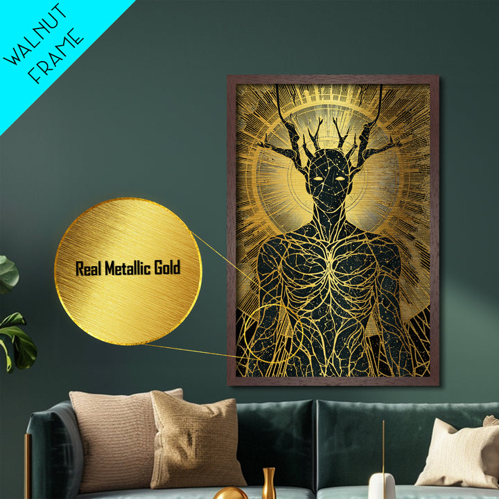 Mythic Antlered Deity, Metallic Gold Metal Print, Cosmic Inspired Wall Art, Real Wood Frame For Elegant Decor