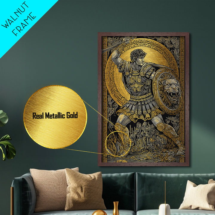 Warrior In Battle Scene, Metallic Gold Metal Print, Ancient Mythology Inspired Wall Artwork, Real Wood Frame