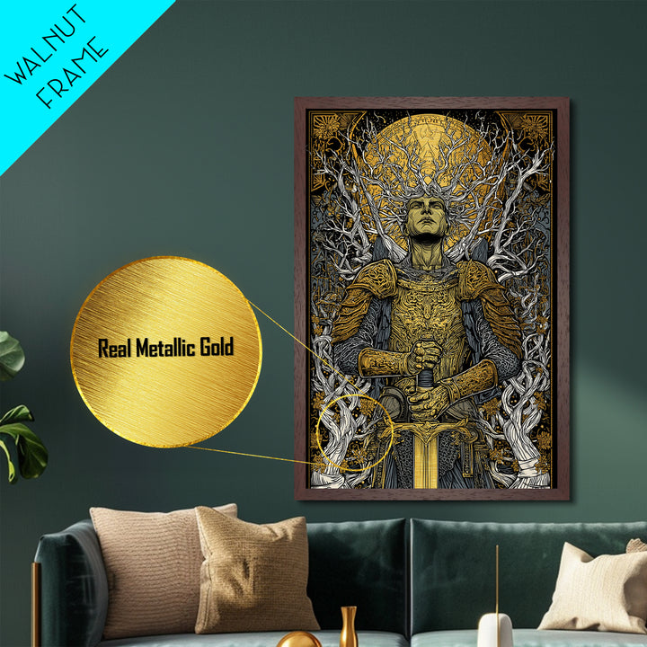 Mythic Guardian With Sword, Metallic Gold Art, Fantasy Inspired Warrior Wall Print, Real Wood Framed Wall Decor