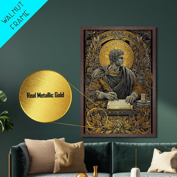 Roman Writer Metallic Gold Metal Print, Ancient Scholar Wall Art, Mythology Decor, Luxury Metal Artwork, Real Wood Frame