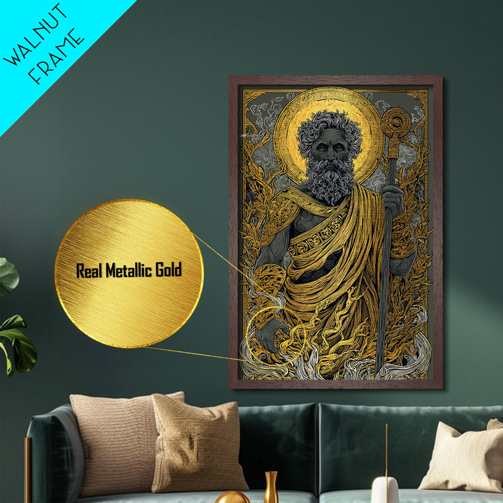 Mythical Elder Metallic Gold Art, Eternal Wisdom Wall Print, Ancient Greek God Decor, Luxury Metal Artwork, Real Wood Frame