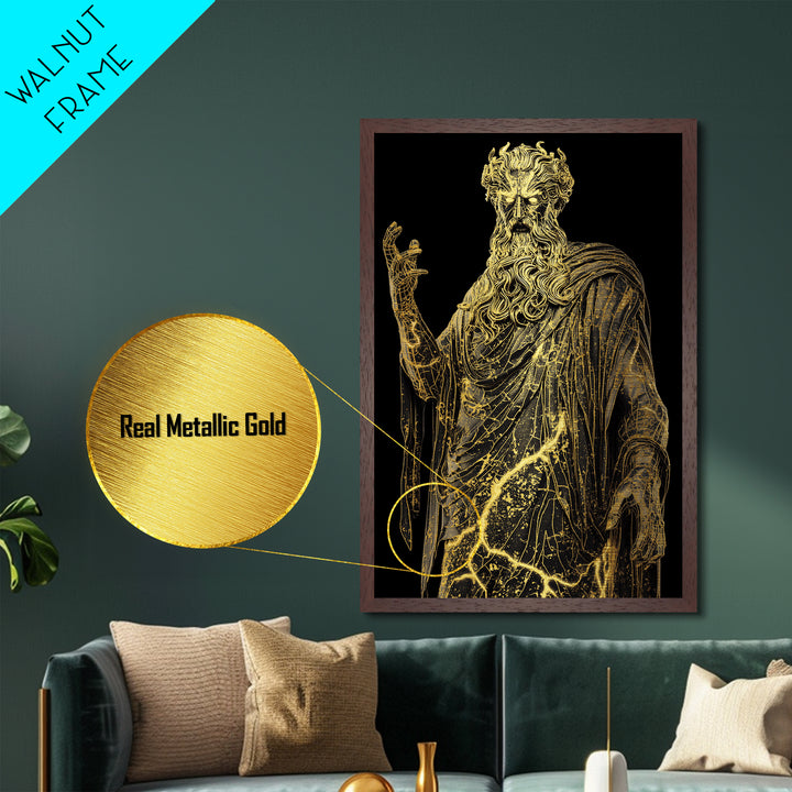 Thunder God Metallic Gold Metal Print, Zeus Mythology Wall Art, Lightning Power Decor, Luxury Classical Artwork, Real Wood Frame