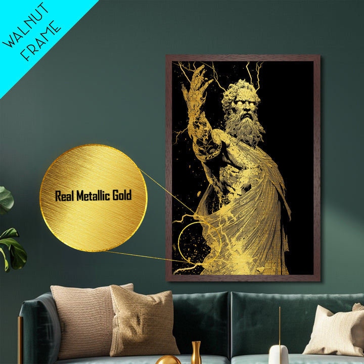 Heavenly Ruler Metallic Gold Metal Print, Zeus Divine Wall Art, Lightning God Decor, Luxury Mythology Artwork, Real Wood Frame