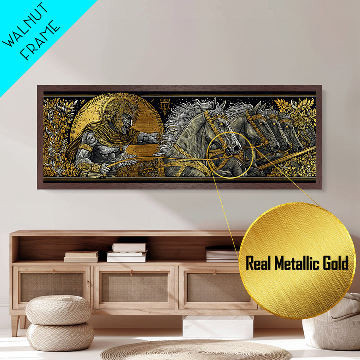 Heroic Greek Warrior With Horses, Ancient Mythology Wall Decor, Metallic Gold Metal Print, Real Wood Frame