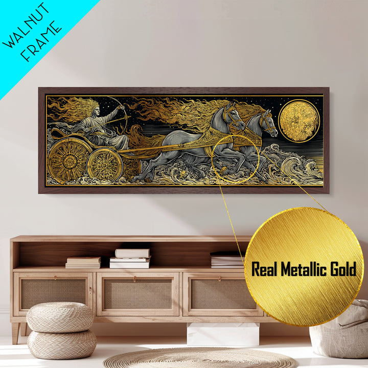Sun God Chariot, Mythological Horses And Flames Wall Decor, Metallic Gold Metal Print, Real Wood Framed Art