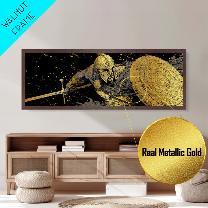 Ornate Spartan Warrior With Shield And Sword, Ancient Battle Scene Artwork, Metallic Gold Metal Print, Real Wood Frame