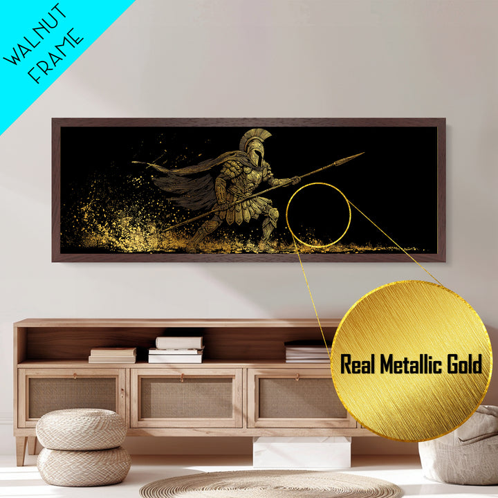 Spartan Warrior With Flowing Cape And Spear, Ancient Greek Mythology Decor, Metallic Gold Metal Print, Real Wood Frame