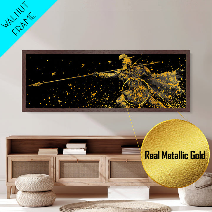 Greek Warrior Throwing Spear In Battle, Ancient Spartan Hero Wall Art, Metallic Gold Metal Print, Real Wood Frame
