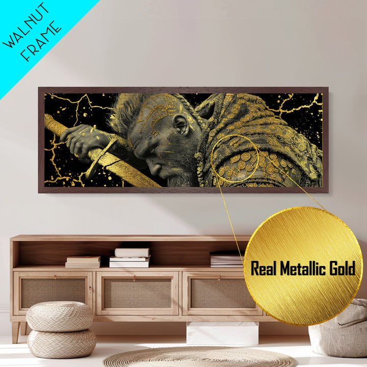 Viking Warrior With Sword And Runes, Mythological Hero Artwork, Metallic Gold Metal Print, Real Wood Frame
