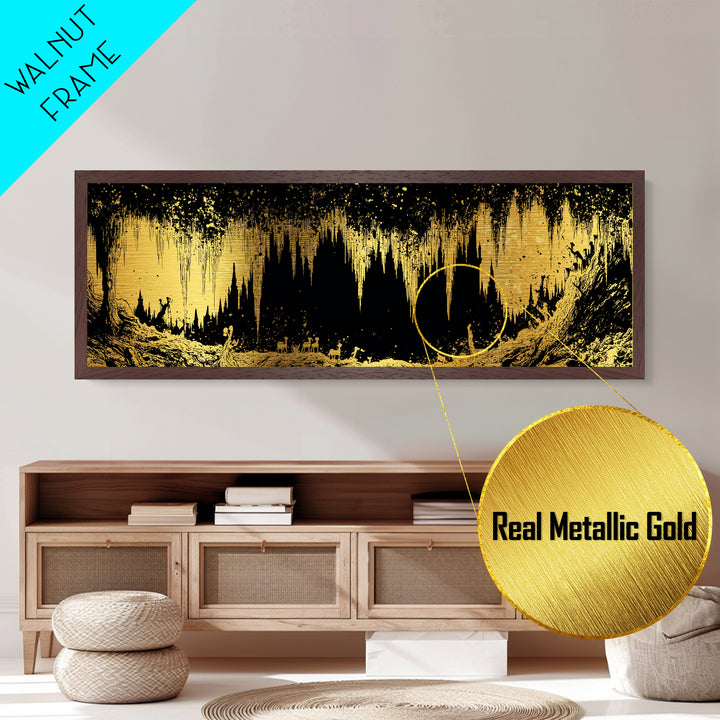Golden Cave With Stalactites And Figures, Mythological Decorative Wall Art, Metallic Gold Metal Print, Real Wood Frame