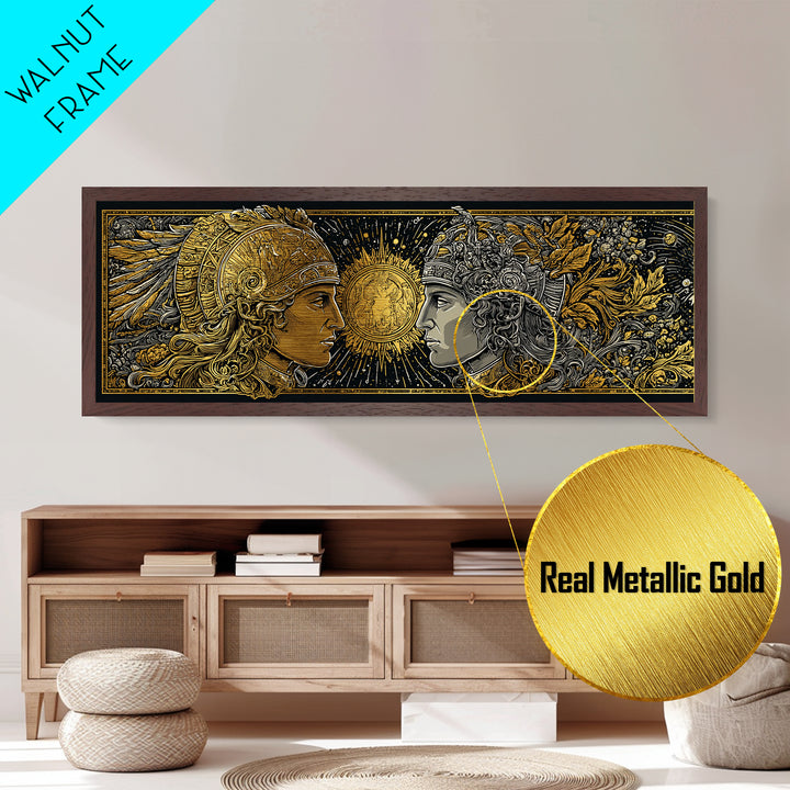 Warrior Gods Face To Face, Ancient Mythological Helmet Artwork, Metallic Gold Metal Print, Real Wood Frame Wall Art