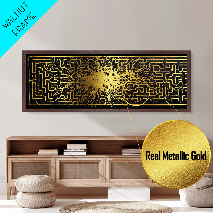 Intricate Labyrinth Pattern Artwork, Mythological Maze Wall Decor, Metallic Gold Metal Print, Real Wood Frame