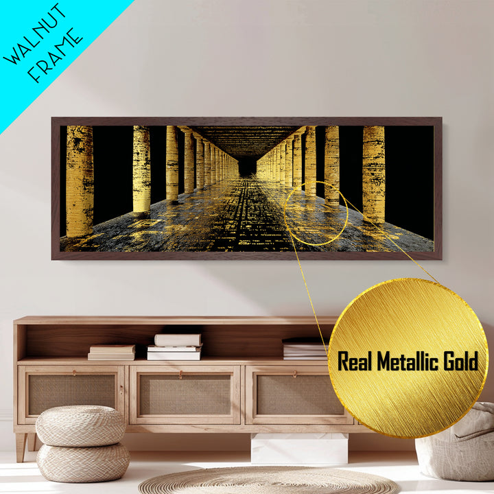 Endless Golden Pillars Corridor, Ancient Greek Architecture Metallic Gold Metal Print, Mythology Wall Art, Real Wood Frame