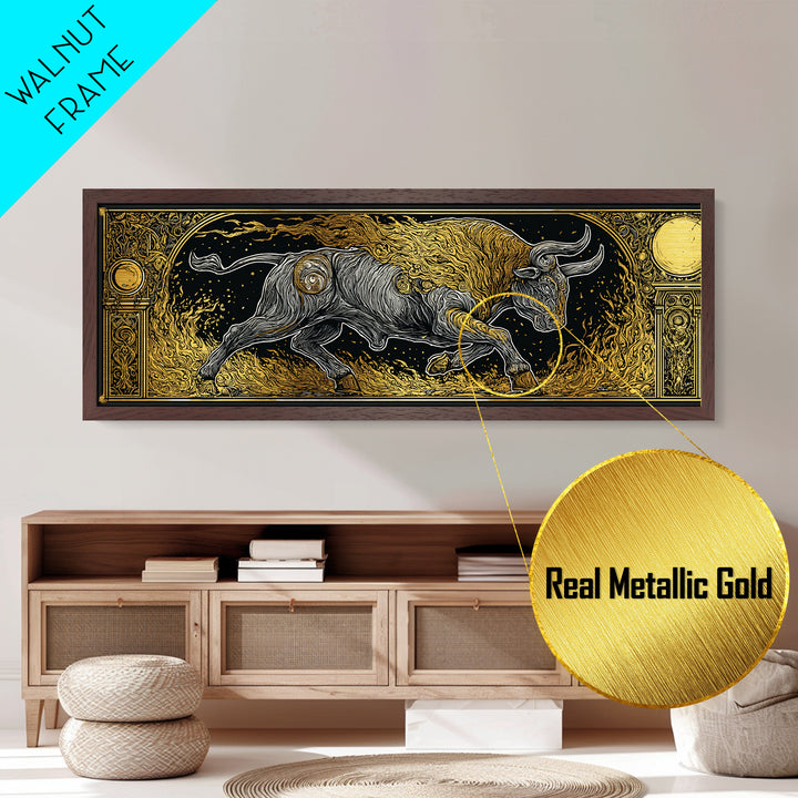 Fiery Bull Of Mythology, Charging Beast Symbol Of Strength, Metallic Gold Metal Print, Real Wood Frame Wall Artwork
