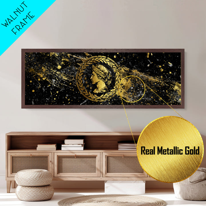 Roman Coin Inspired Portrait, Classical Ancient Empire Wall Artwork, Metallic Gold Metal Print, Real Wood Frame Art