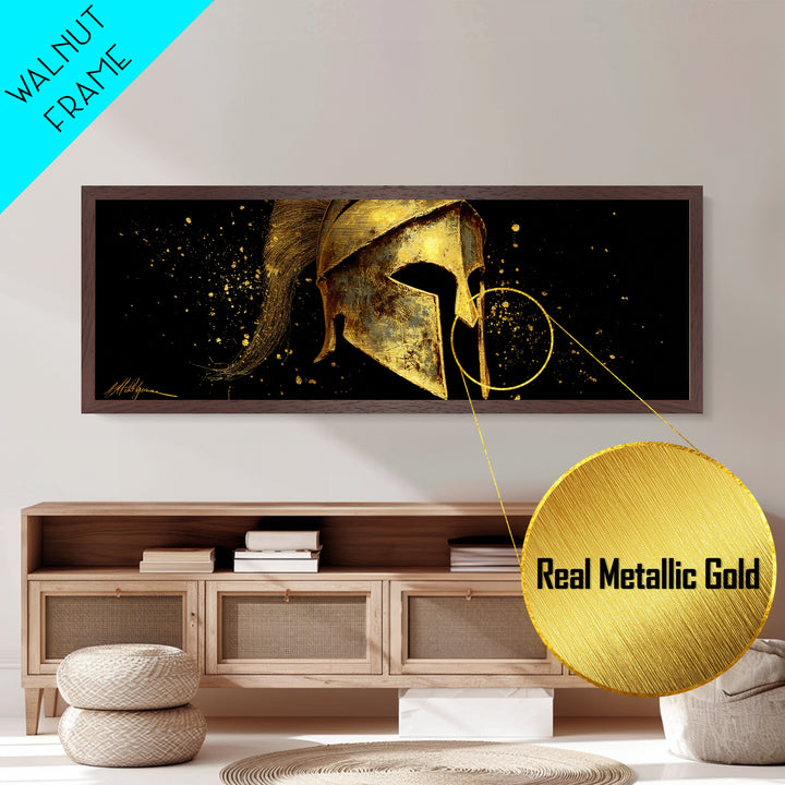 Spartan Warrior Helmet, Ancient Greek Armor Mythological Artwork, Metallic Gold Metal Print, Real Wood Frame Wall Art