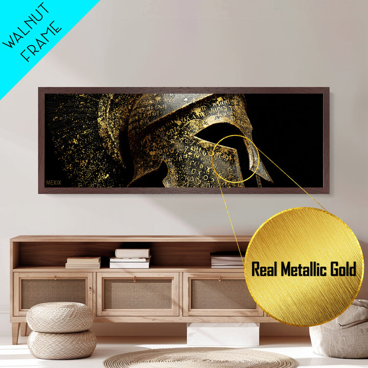 Spartan Helmet Close Up, Ancient Greek Warrior Armor Wall Decor, Metallic Gold Metal Print, Real Wood Frame