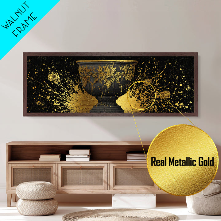 Grapevine Chalice Artwork, Classical Mythological Cup Decorative Wall Design, Metallic Gold Metal Print, Real Wood Frame Wall Art