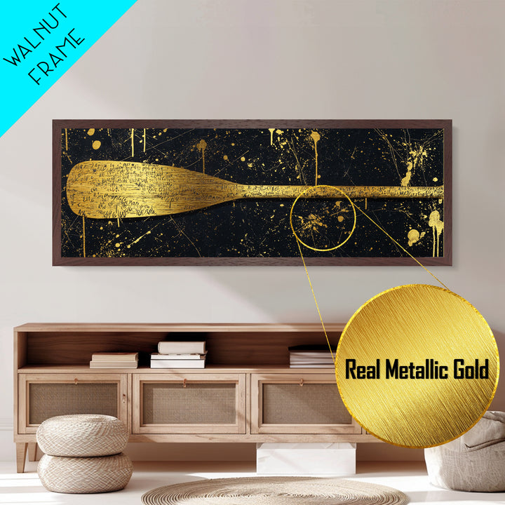 Ancient Oar Artwork, Mythological Paddle With Script Decorative Wall Design, Metallic Gold Metal Print, Real Wood Frame Wall Art