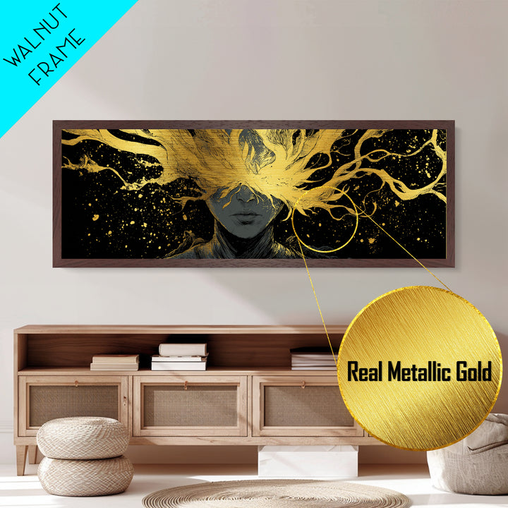 Blinded Mythological Figure, Flowing Fire Vision Symbolic Wall Artwork, Metallic Gold Metal Print, Real Wood Frame Wall Decor