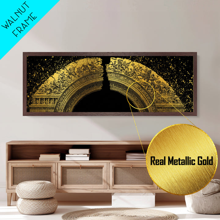 Golden Arch Of Mythology, Classical Greek Relief Sculpture Wall Decor, Metallic Gold Metal Print, Real Wood Frame