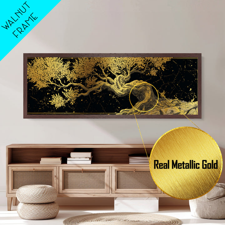 Ancient Olive Tree Artwork, Mythological Symbol Of Peace Decorative Wall Design, Metallic Gold Metal Print, Real Wood Frame Art
