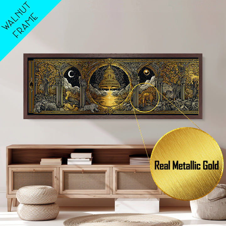Mythological Temple Scene With Golden Bell, Classical Arches And Night Sky Artwork, Metallic Gold Metal Print, Real Wood Frame