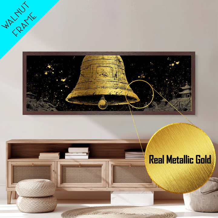 Ancient Golden Bell Artwork, Mythological Temple Scene Decorative Wall Art, Metallic Gold Metal Print, Real Wood Frame Decor