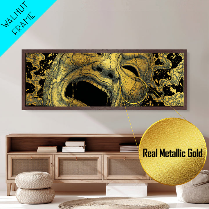 Screaming Tragedy Mask, Ancient Greek Mythological Theater Artwork, Metallic Gold Metal Print, Real Wood Frame Wall Decor