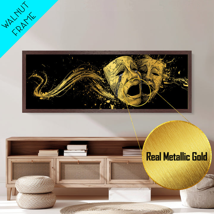 Paired Tragic Masks, Mythological Theater Symbol Decorative Wall Artwork, Metallic Gold Metal Print, Real Wood Frame Wall Decor