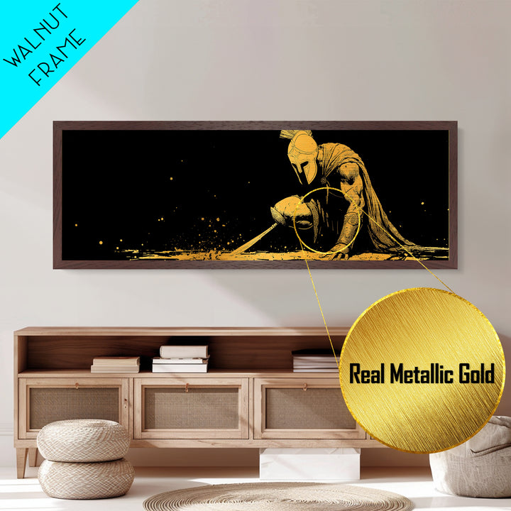 Greek Warrior Kneeling, Ancient Mythological Spartan Soldier With Spear Artwork, Metallic Gold Metal Print, Real Wood Frame Decor