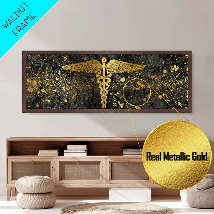 Caduceus Symbol Artwork, Ancient Mythological Medicine Emblem Decorative Wall Art, Metallic Gold Metal Print, Real Wood Frame