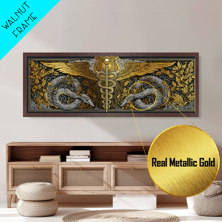 Caduceus With Serpents, Mythological Healing Symbol Decorative Wall Artwork, Metallic Gold Metal Print, Real Wood Frame Decor