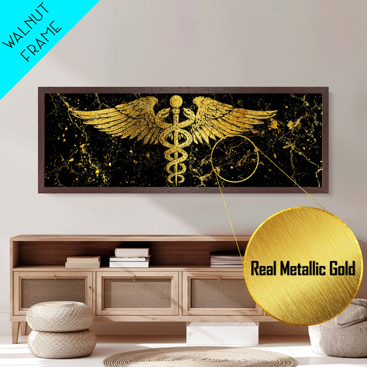 Ancient Caduceus Symbol, Winged Serpent Staff Mythological Artwork, Metallic Gold Metal Print, Real Wood Frame Wall Decor