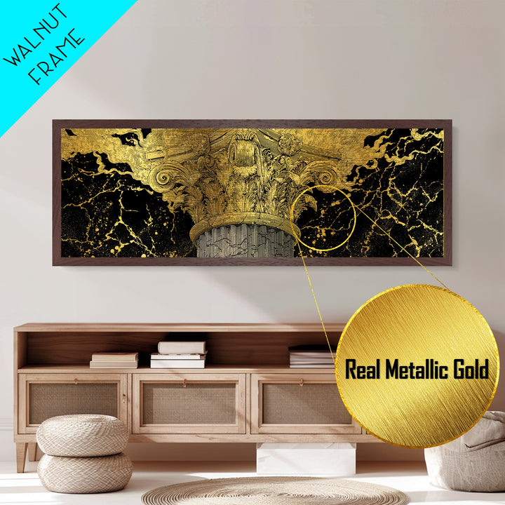 Classical Corinthian Column, Ancient Pillar Decorative Architectural Artwork, Metallic Gold Metal Print, Real Wood Frame Wall Art