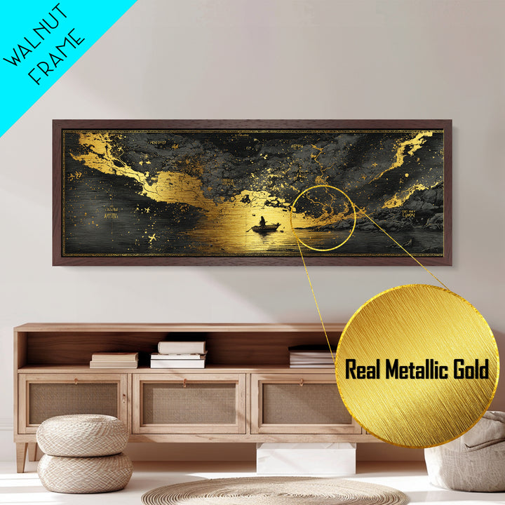 Celestial Map Artwork, Mythological Constellation And Ancient Sky Design, Metallic Gold Metal Print, Real Wood Frame Wall Decor