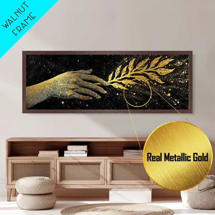 Hand With Olive Branch, Mythological Symbol Of Peace Decorative Wall Artwork, Metallic Gold Metal Print, Real Wood Frame Wall Art