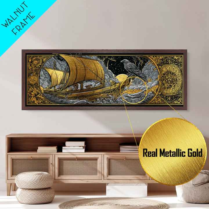 Ancient Sailing Ship, Mythological Vessel With Raven Decorative Wall Artwork, Metallic Gold Metal Print, Real Wood Frame Wall Decor