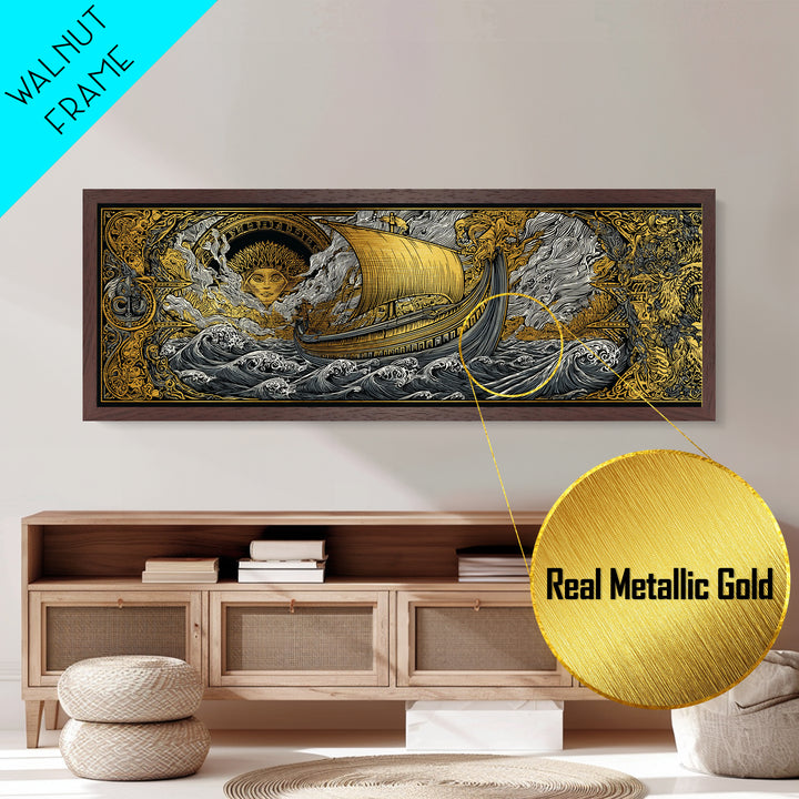 Mythological Sun Face And Ancient Ship, Epic Sea Voyage Decorative Wall Artwork, Metallic Gold Metal Print, Real Wood Frame Decor