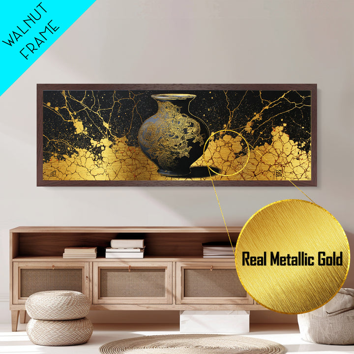 Ancient Golden Vase, Mythical Dragon Engraving Wall Decor, Metallic Gold Metal Print, Real Wood Framed Art