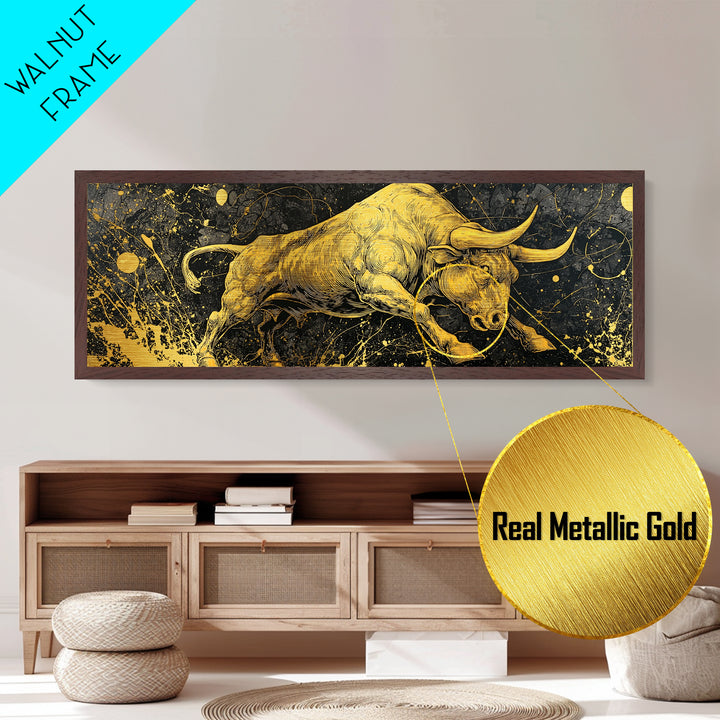 Charging Bull Artwork, Mythical Strength And Power Wall Decor, Metallic Gold Metal Print, Real Wood Frame Art