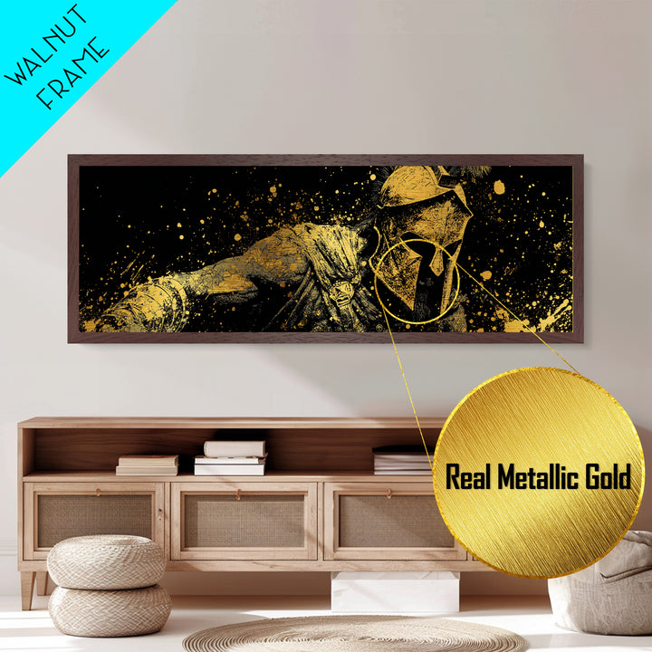 Greek Warrior With Spear, Ancient Spartan Battle Scene Decorative Wall Artwork, Metallic Gold Metal Print, Real Wood Frame Wall Art