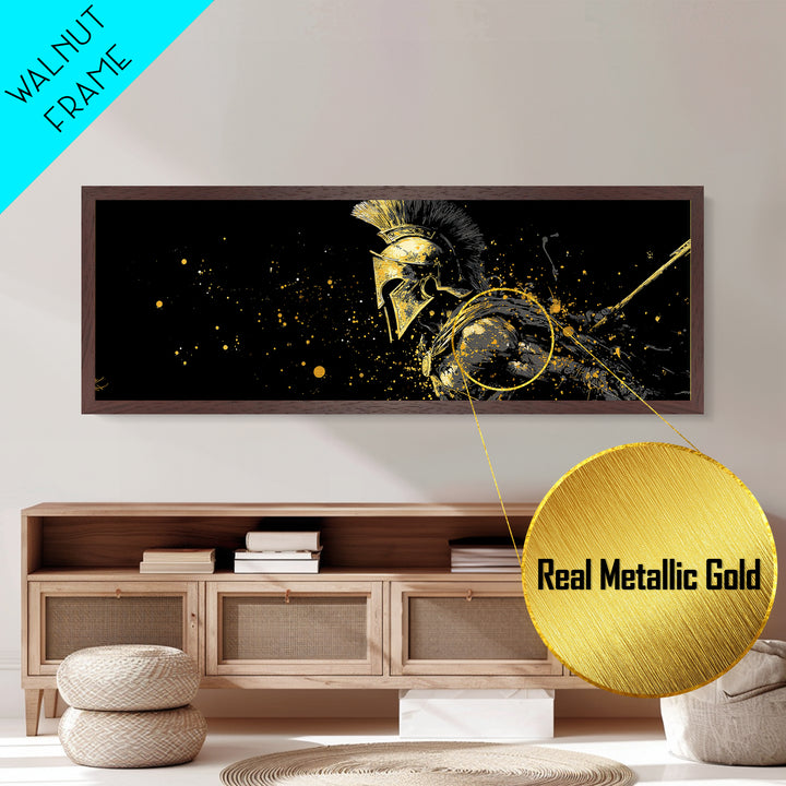Greek Warrior In Battle Stance, Mythological Spartan Hero Decorative Artwork, Metallic Gold Metal Print, Real Wood Frame Wall Art