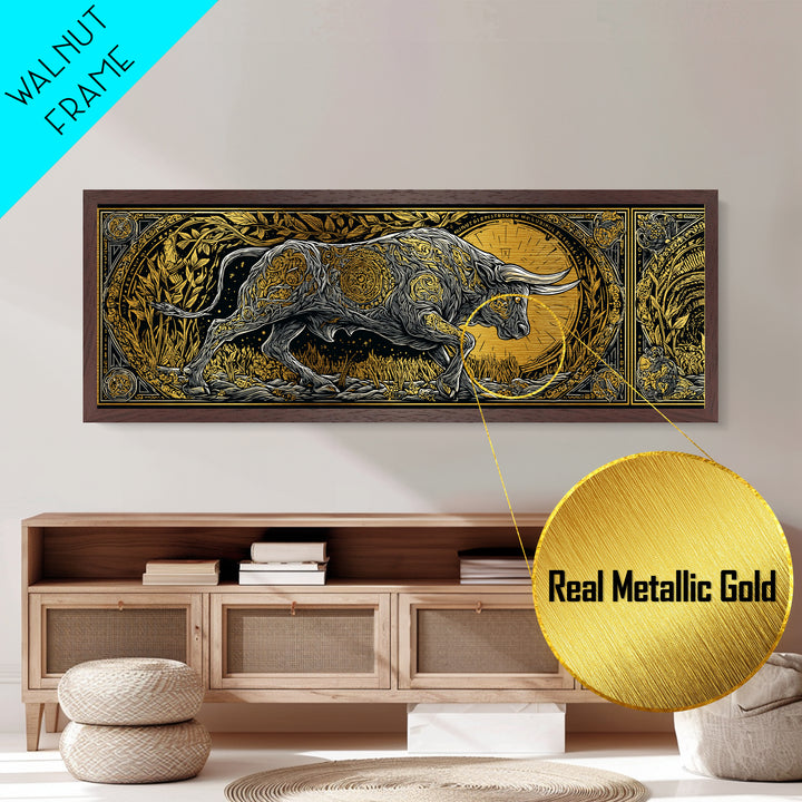 Ornamental Bull Design, Mythical Strength Symbol Wall Decor, Metallic Gold Metal Print, Real Wood Framed Art