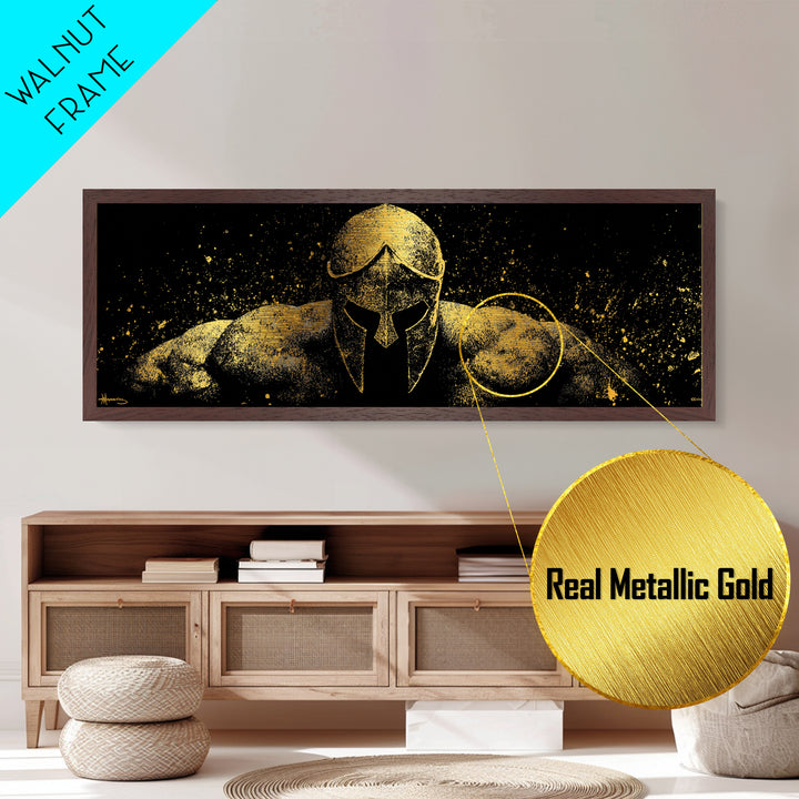 Spartan Warrior Front View, Ancient Greek Helmet Strength Symbol Decorative Artwork, Metallic Gold Metal Print, Real Wood Frame Art