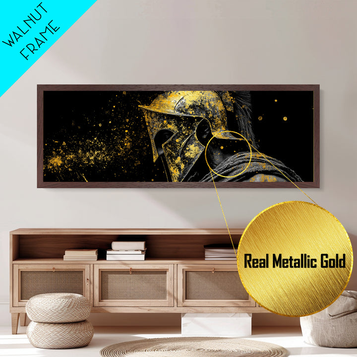 Greek Warrior Face Close Up, Spartan Helmet Intense Gaze Decorative Artwork, Metallic Gold Metal Print, Real Wood Frame Wall Art