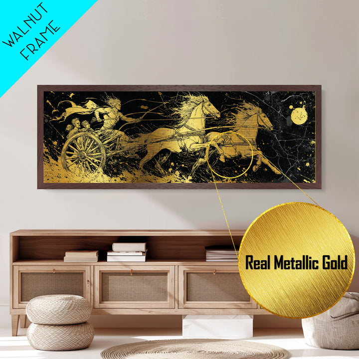Ancient Chariot Rider, Mythical Warrior Battle Scene Wall Decor, Metallic Gold Metal Print, Real Wood Frame Art
