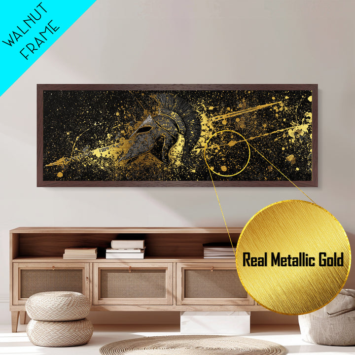 Spartan Helmet Splatter Artwork, Ancient Greek Warrior Mythological Symbol Decorative Art, Metallic Gold Metal Print, Real Wood Frame