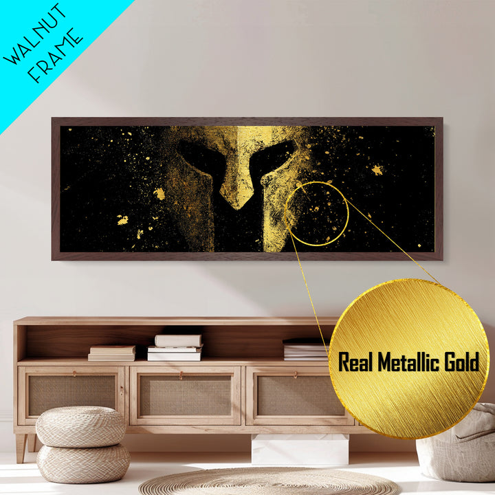 Spartan Helmet Close Detail, Ancient Greek Warrior Decorative Mythological Artwork, Metallic Gold Metal Print, Real Wood Frame Wall Art